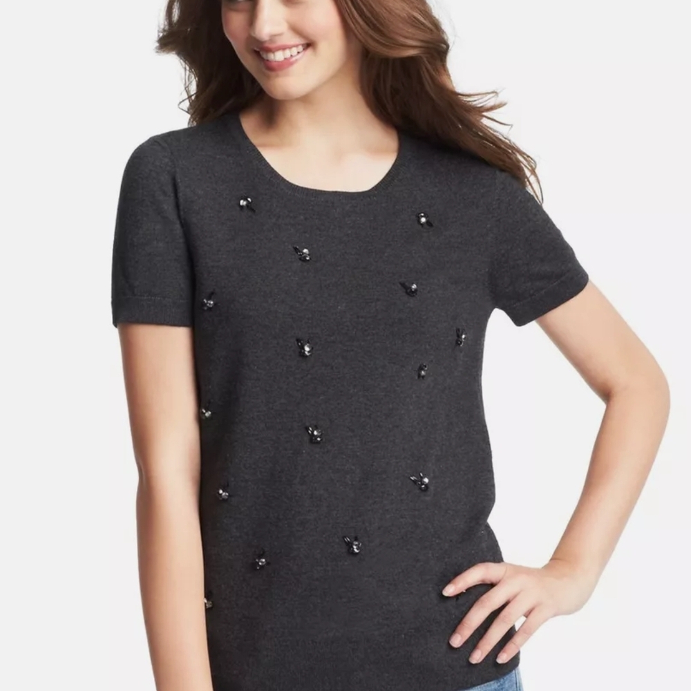 Ann Taylor Loft Short Sleeve Wool Blend Sweater Top W/ Embelishments Size Xl